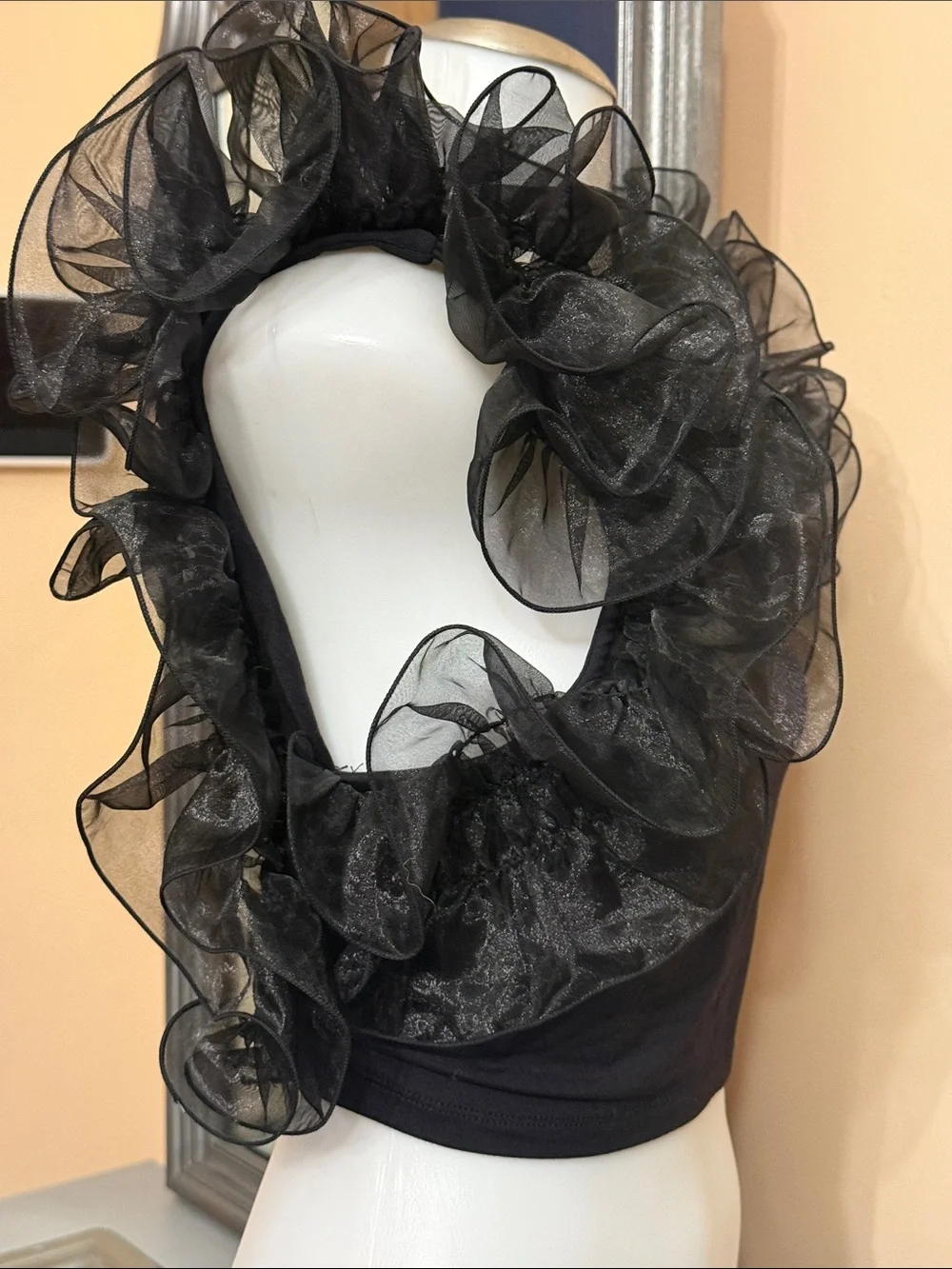 Intimately by Free People Small Black Ruffle Sleeve Crop Top Sheer Organza - Picture 3 of 9